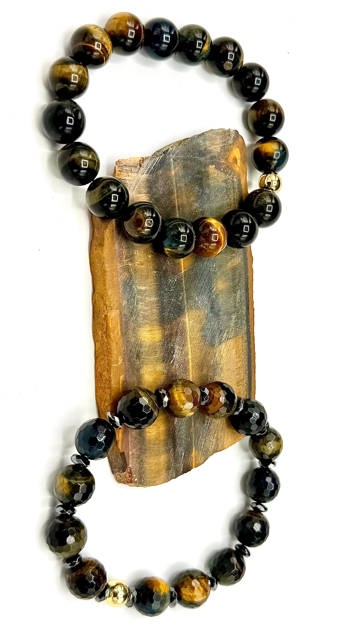 Brown and black tiger eye bracelet featuring polished stone beads, designed by STICS and STONES.
