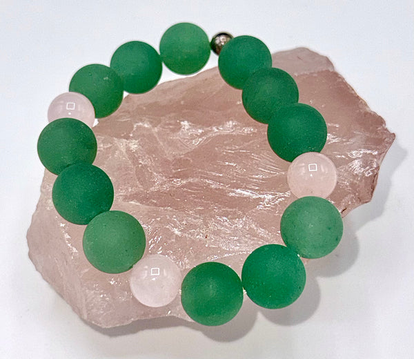 Green Aventurine and Rose Quartz bracelet featuring polished gemstone beads from STICS and STONES.