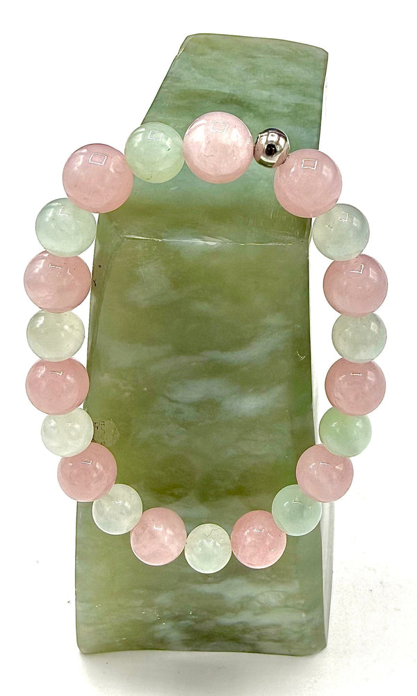Prehnite and Rose Quartz bracelet with polished beads, featuring a natural stone design by STICS and STONES.