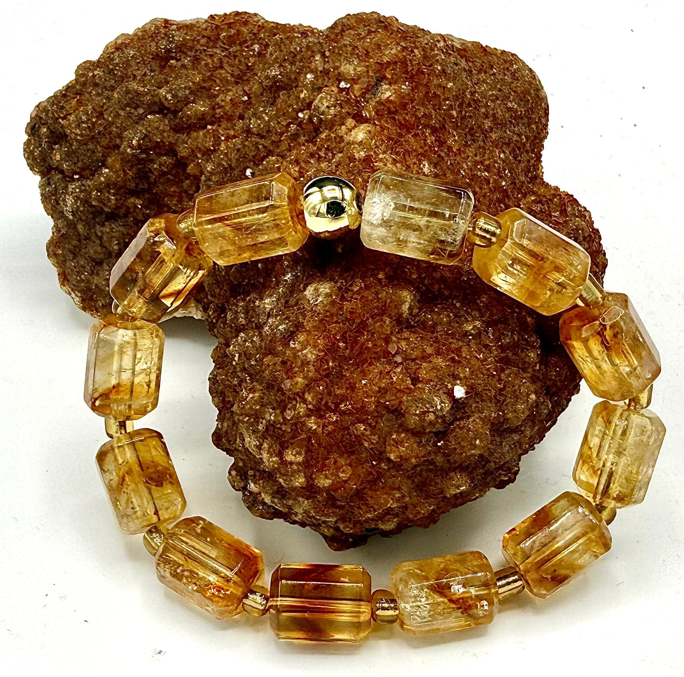 Dark rectangular citrine bracelet by STICS and STONES featuring polished gemstone beads on an elastic band.