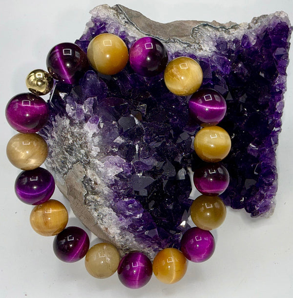 Purple and gold tiger eye bracelet from STICS and STONES featuring polished tiger eye stones.
