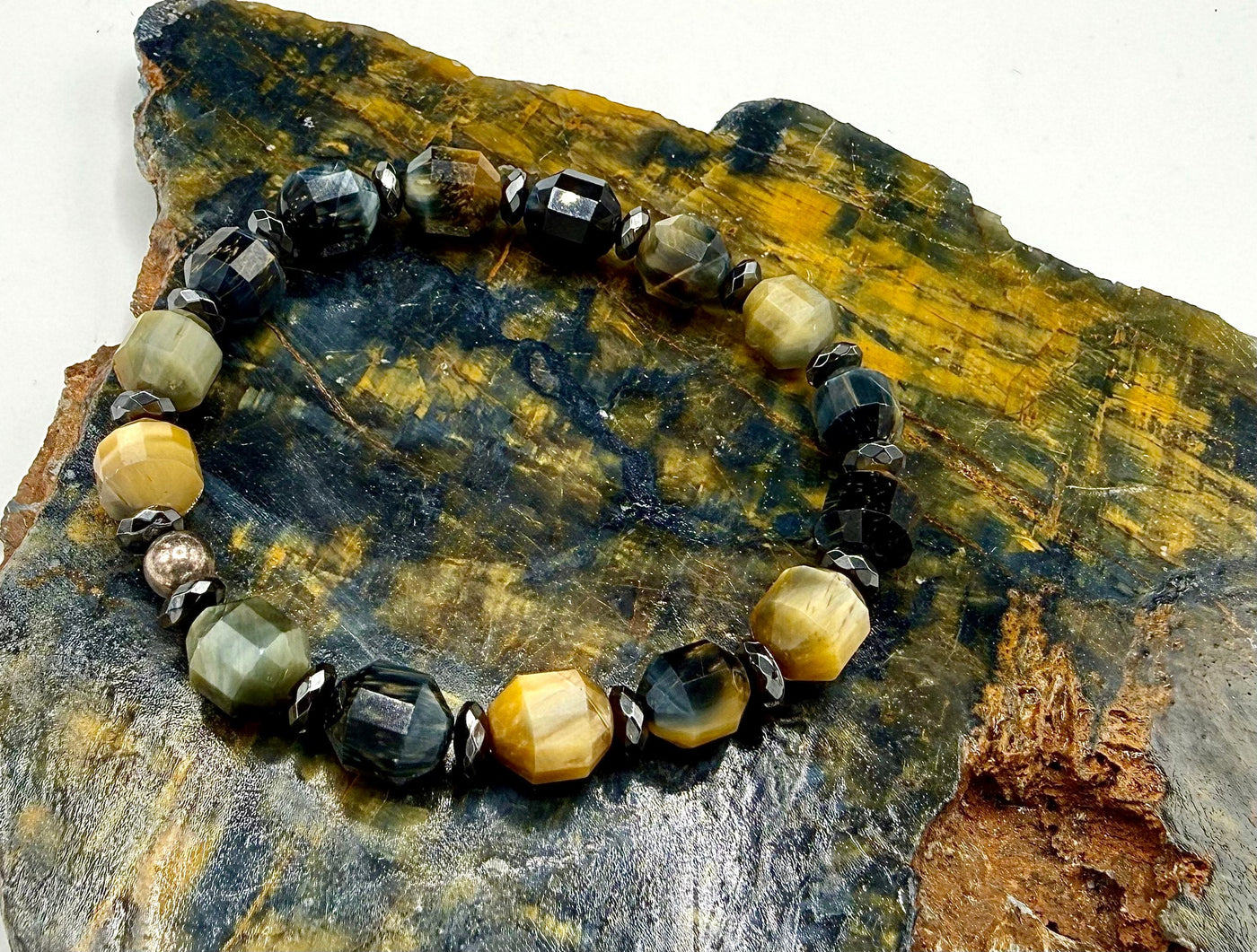 Black, gold, and grey tiger eye bracelet with rectangular faceted stones, stylish jewelry by STICS and STONES.