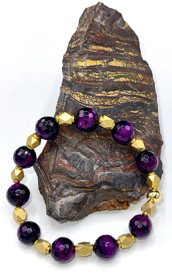 Purple tiger eye beaded bracelet with brass accents from STICS and STONES, featuring polished stones and a stylish design.