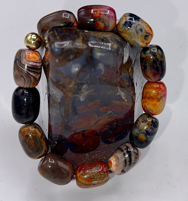 Black, red, and orange agate with onyx bracelet featuring polished beads from STICS and STONES.