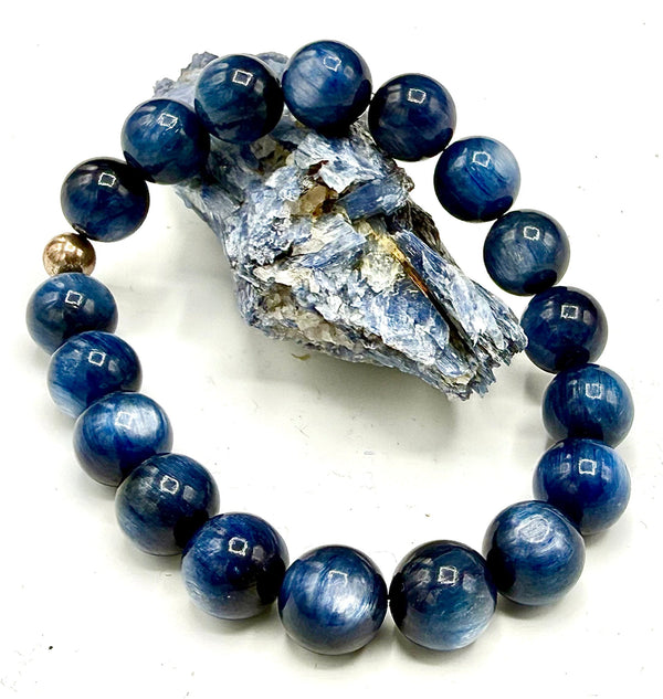 Blue Kyanite bracelet featuring polished stones on a stretch band by STICS and STONES.