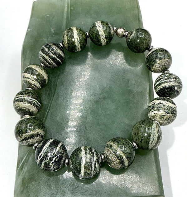 Green Zebra Jasper and bone bracelet featuring natural stone beads, handcrafted jewelry by STICS and STONES.