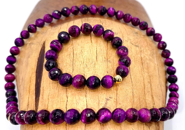 Purple tiger eye jewelry set featuring matching necklace and bracelet with polished stones from STICS and STONES.
