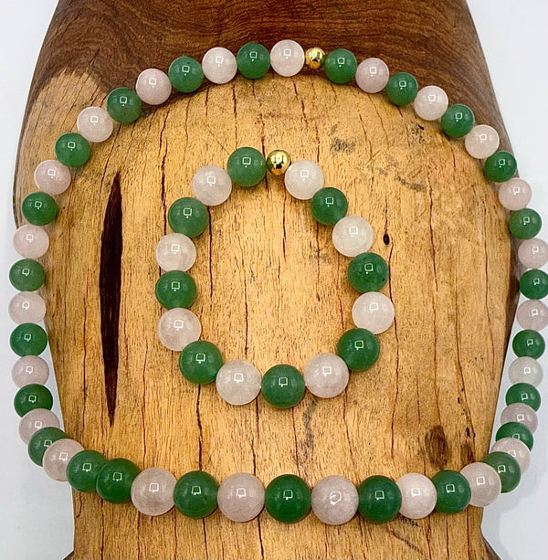 Green aventurine and rose quartz jewelry set with matching necklace and bracelet featuring polished stones, from STICS and STONES.