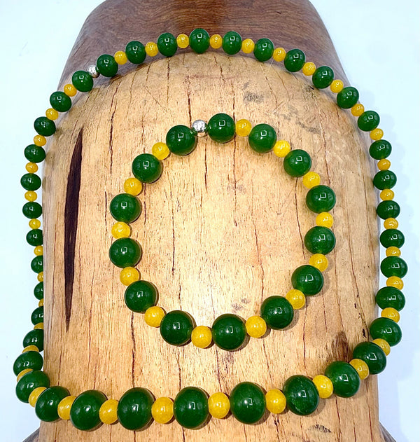 Green Aventurine and Yellow Quartz jewelry set featuring a necklace and bracelet from STICS and STONES.