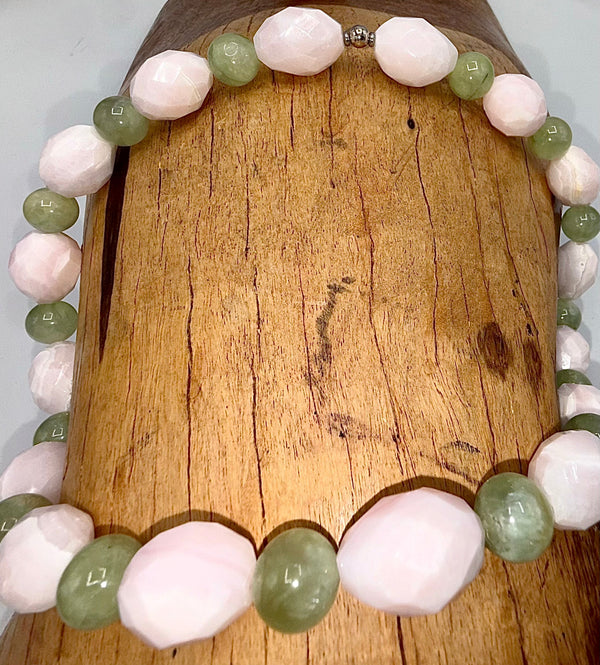 Prehnite and Mangano Calcite necklace with green and pink stones, styled on a delicate chain, by STICS and STONES.