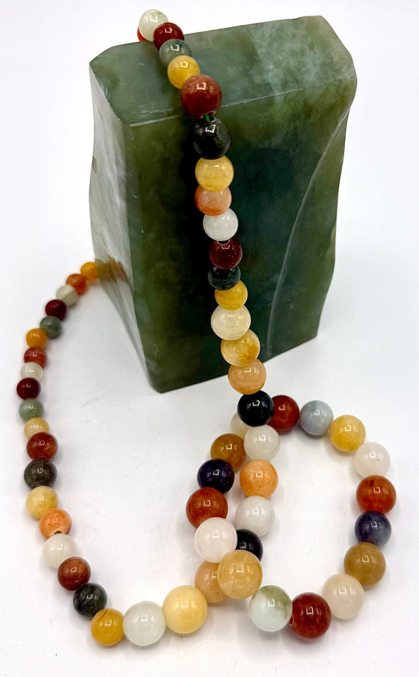 Multi-colored jade necklace and bracelet jewelry set with round beads and small accents by STICS and STONES