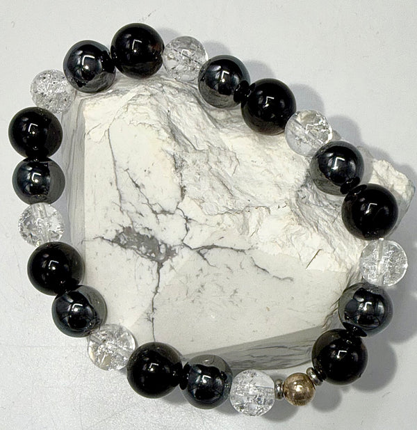 Onyx and hematite quartz bracelet with polished black and metallic beads, stylish jewelry accessory by STICS and STONES