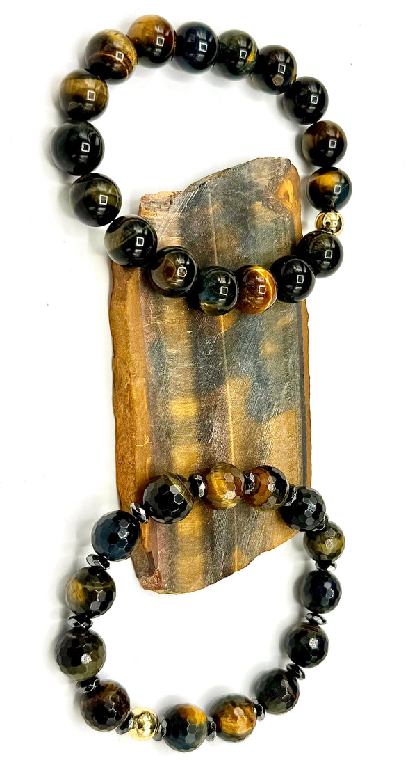 Black and gold Tiger Eye bracelet by STICS and STONES featuring polished beads and a stylish, natural gemstone design.