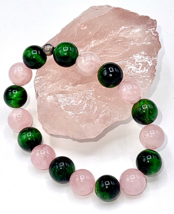 Green Tiger Eye and Rose Quartz bracelet featuring polished stones, crafted by STICS and STONES.