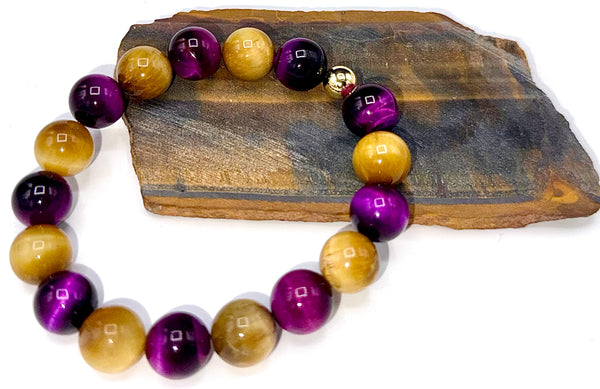 Purple and golden tiger eye bracelet from STICS and STONES featuring polished stone beads and adjustable cord.