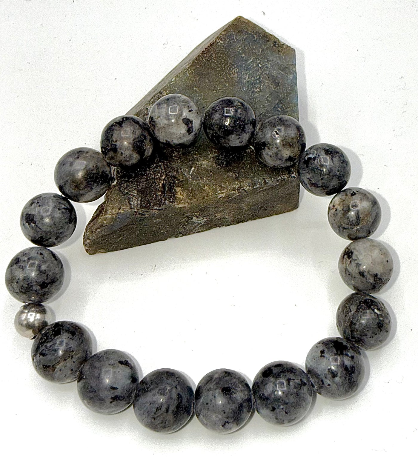 Rough polished Labradorite bracelet with natural gray-blue stones, featuring iridescent flashes, by STICS and STONES.