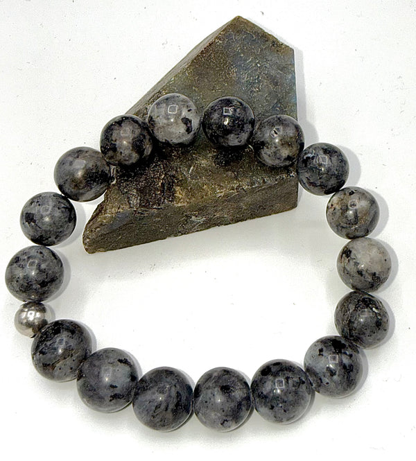 Rough polished Labradorite bracelet with natural gray-blue stones, featuring iridescent flashes, by STICS and STONES.