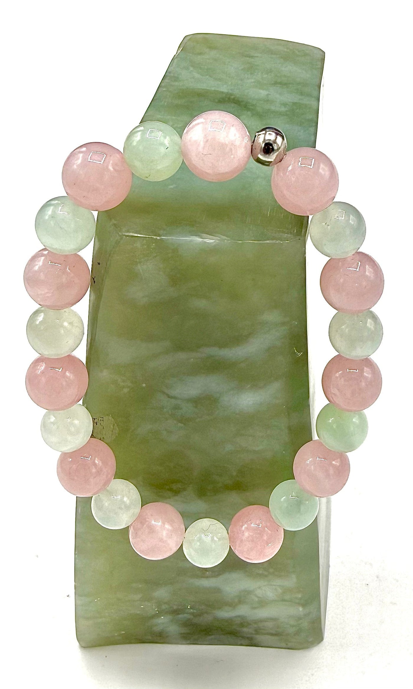 Prehnite and Rose Quartz bracelet with polished beads, featuring a natural stone design by STICS and STONES.