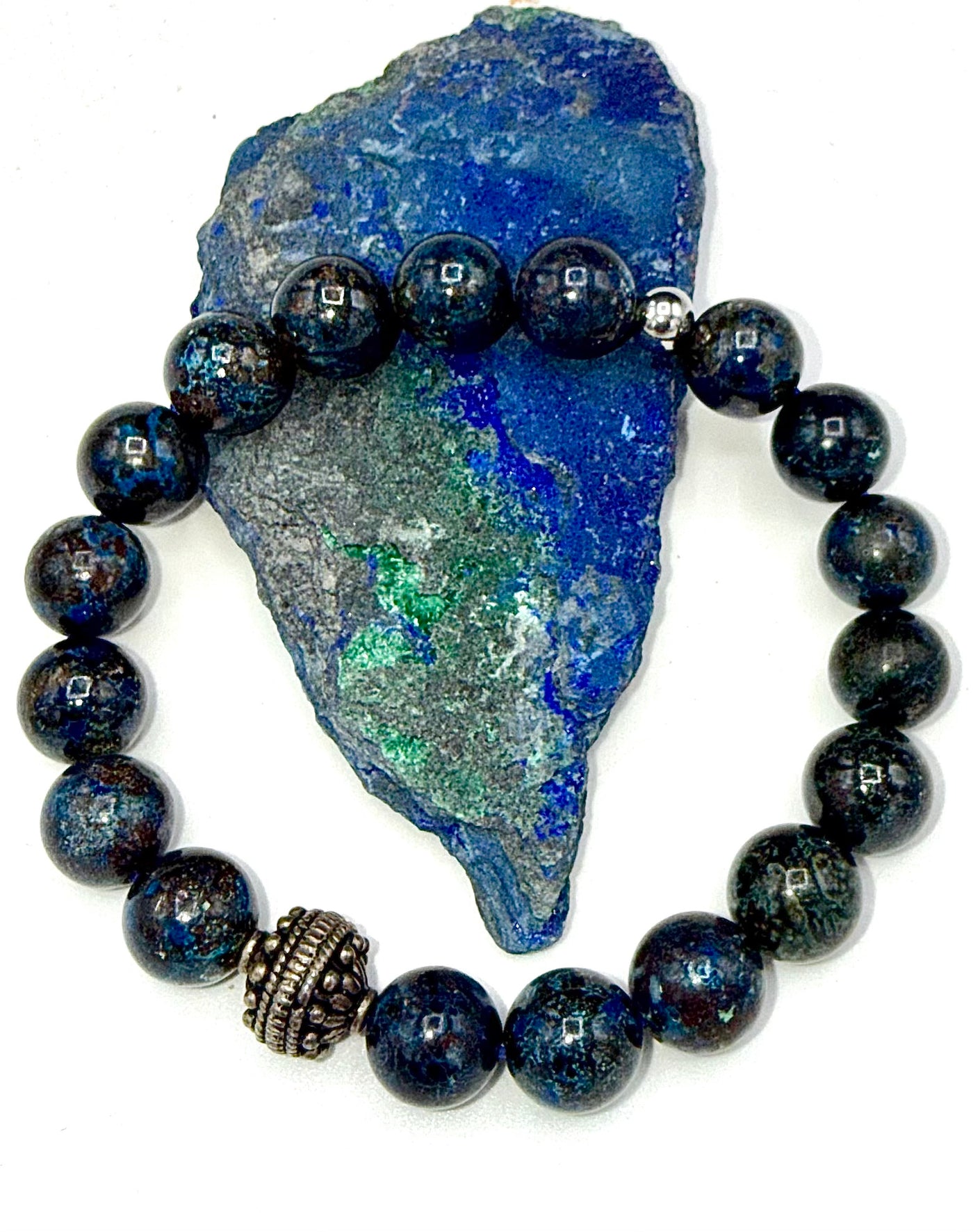 Shattuckite bracelet featuring deep blue and turquoise stones, handcrafted by STICS and STONES.