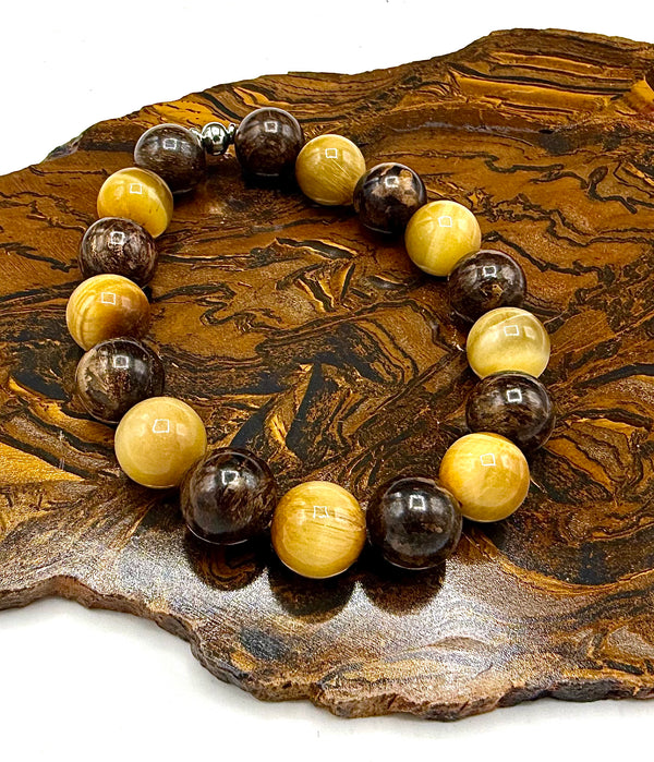 Bronzite and golden tiger eye bracelet featuring polished beads, stylish jewelry accessory, by STICS and STONES.