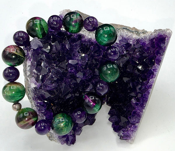 Multi-colored tiger eye and amethyst spacer bracelet by STICS and STONES, featuring dyed gemstone beads and a stylish design.