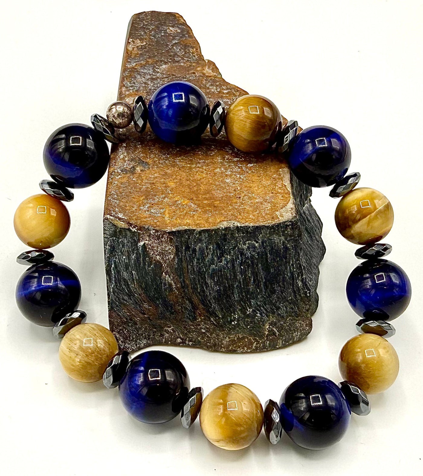 Blue tiger eye and yellow jade bracelet featuring natural stone beads, crafted by STICS and STONES.