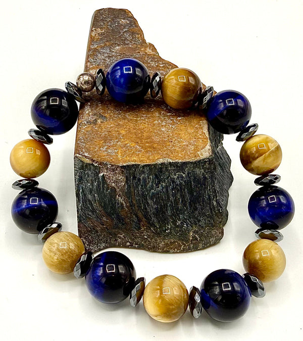 Blue tiger eye and yellow jade bracelet featuring natural stone beads, crafted by STICS and STONES.