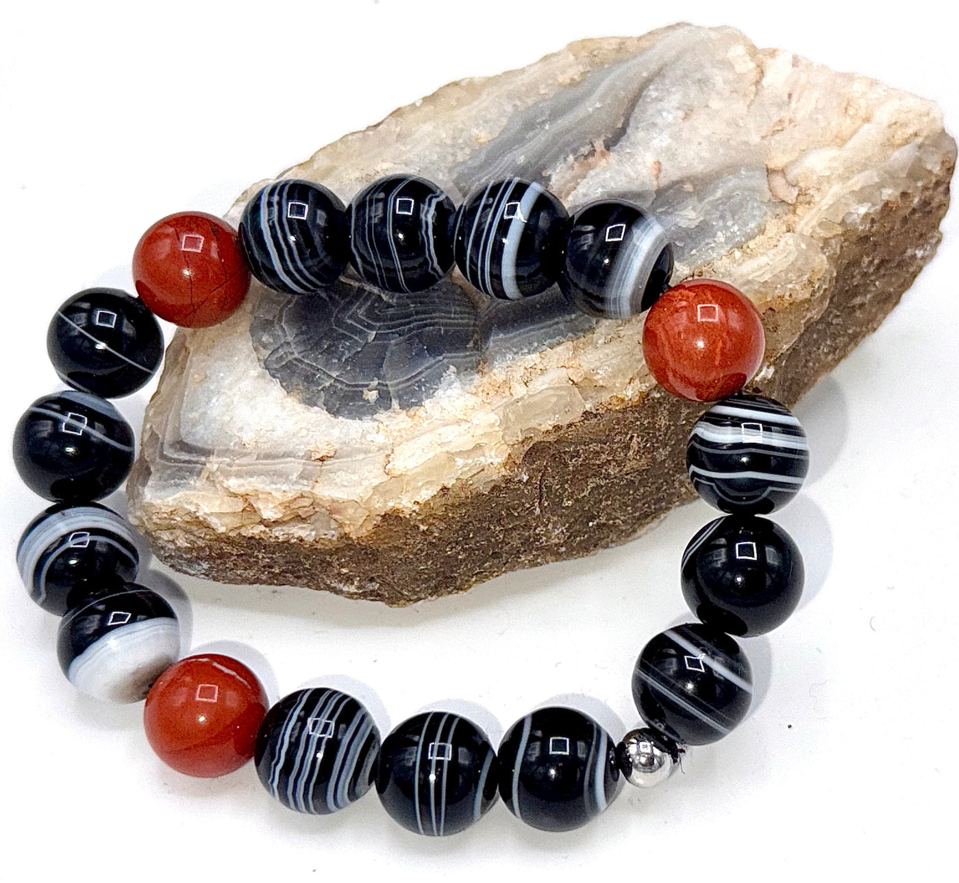 Agate and red jasper beaded bracelet by STICS and STONES featuring natural gemstone beads on elastic band.