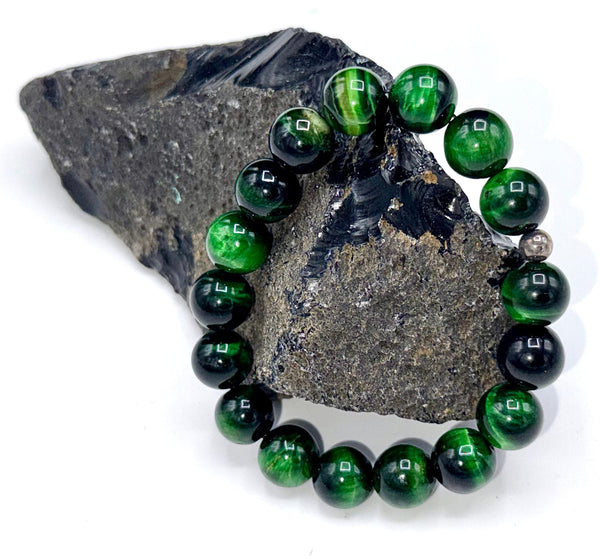 Faceted green tiger eye bracelet with natural stones, featuring a sleek design by STICS and STONES
