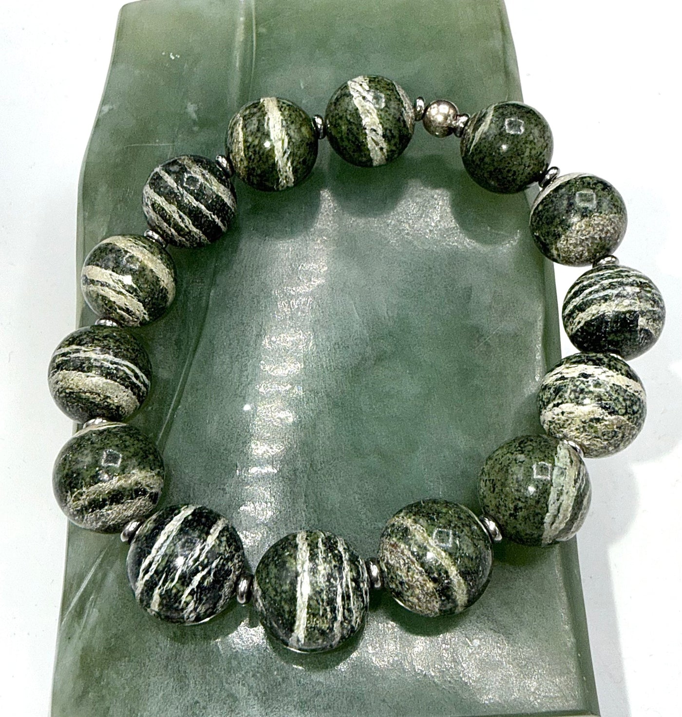 Green Zebra Jasper bracelet featuring vibrant green and black patterned stones, handcrafted by STICS and STONES.