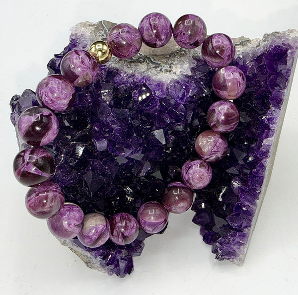 Purple Lepidolite bracelet with polished stones, featuring a stretchy elastic band, from STICS and STONES.