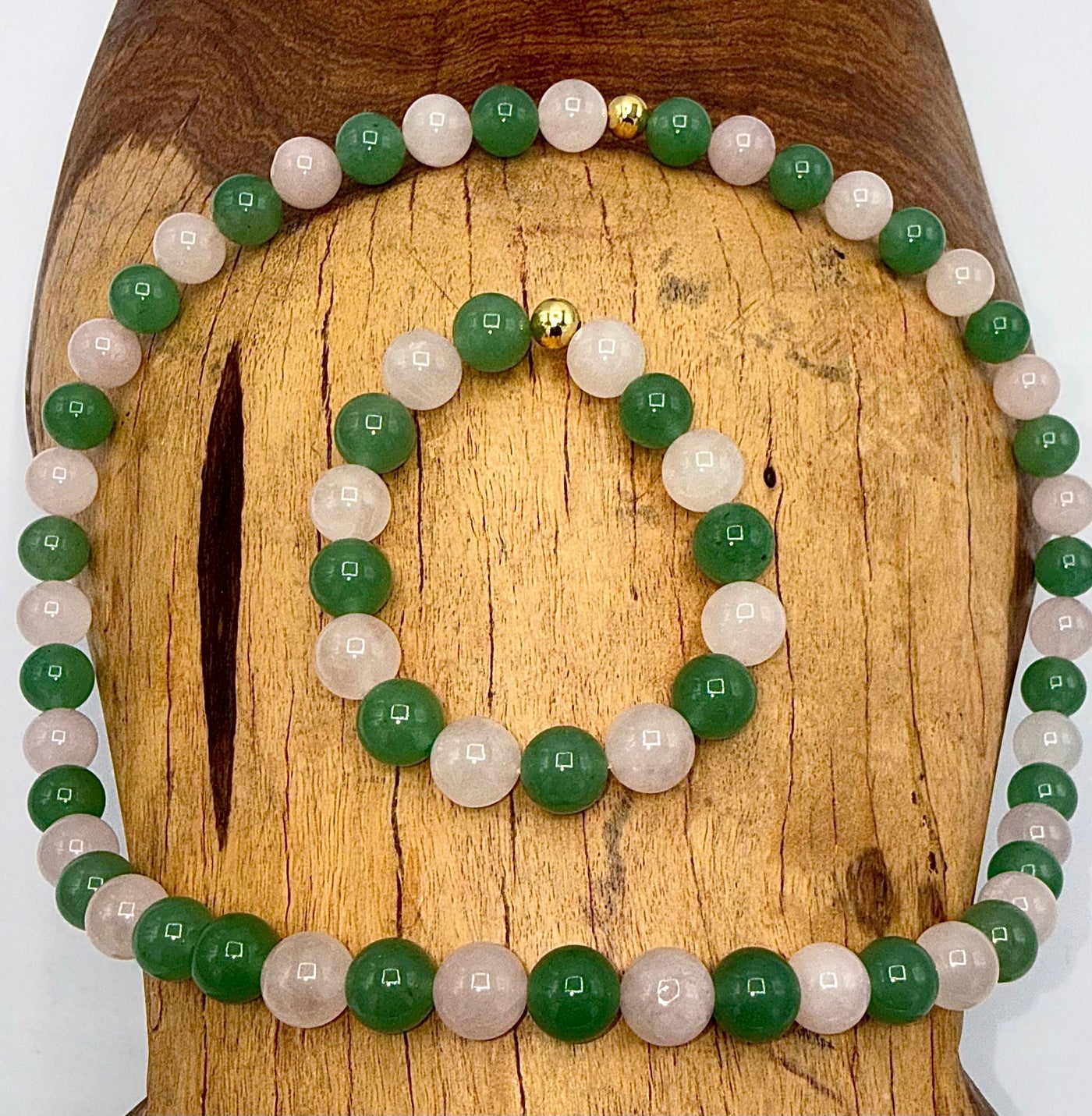 Green aventurine and rose quartz jewelry set with matching necklace and bracelet featuring polished stones, from STICS and STONES.