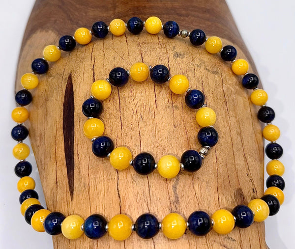 Blue tiger eye and yellow calcite jewelry set featuring a necklace and bracelet with natural semi-precious stone beads.