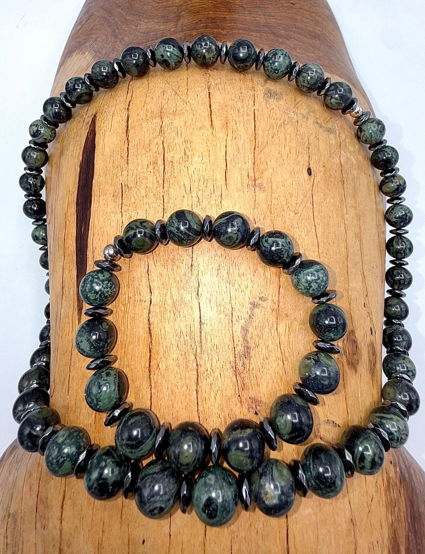 Kambaba Jasper necklace and bracelet jewelry set with polished green and black stone beads, by STICS and STONES.