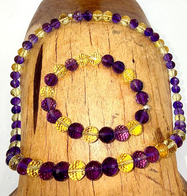 Faceted amethyst and citrine jewelry set with necklace and bracelet, featuring light gemstone beads from STICS and STONES.