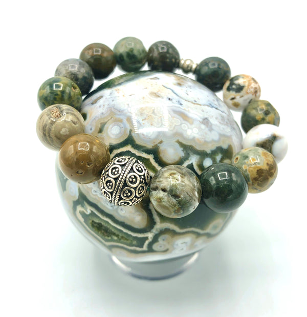 Ocean Jasper bracelet featuring polished, multicolored stones on a stretchy band, crafted by STICS and STONES.