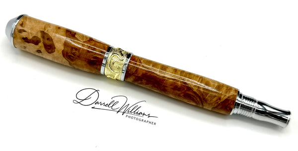 Hand-turned two-tone Australian Coolibah Burl pen by STICS and STONES with polished wood finish and sleek metal accents.